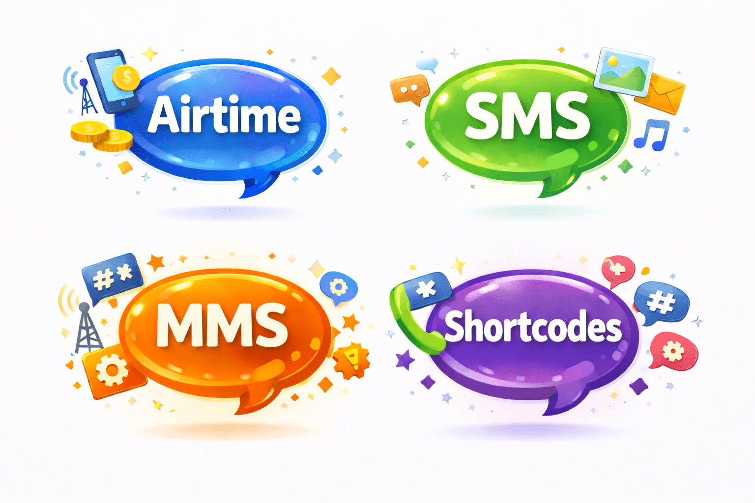 image of speach bubbles highlighting airtime, mms, shortcodes and ussd